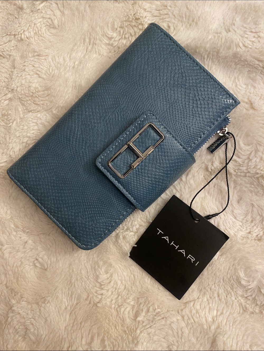 Tahari Slate Blue Textured Leather Wallet Clutch
